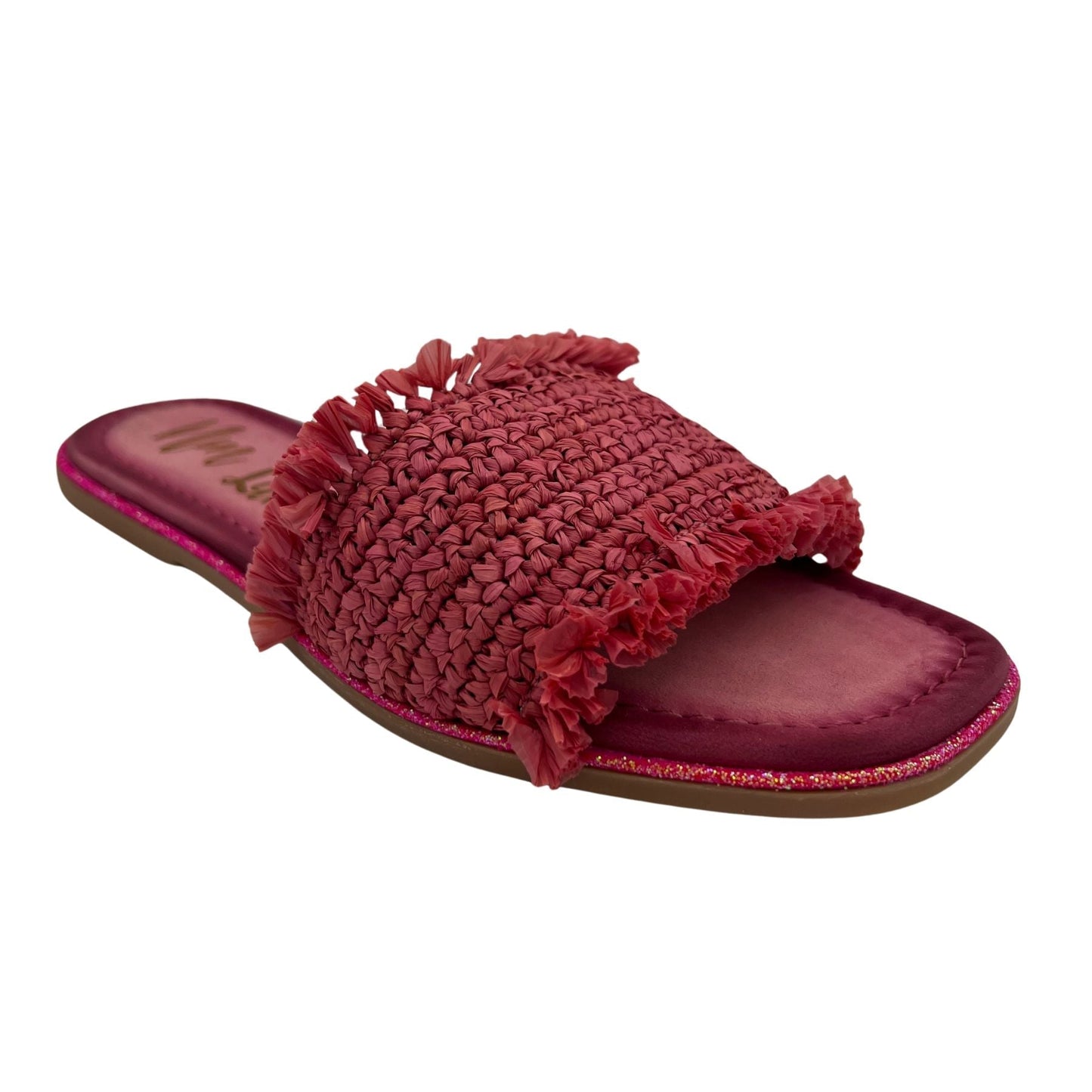 Juana Pink Woven Sandals showing woven texture and glitter-trimmed leather footbed.