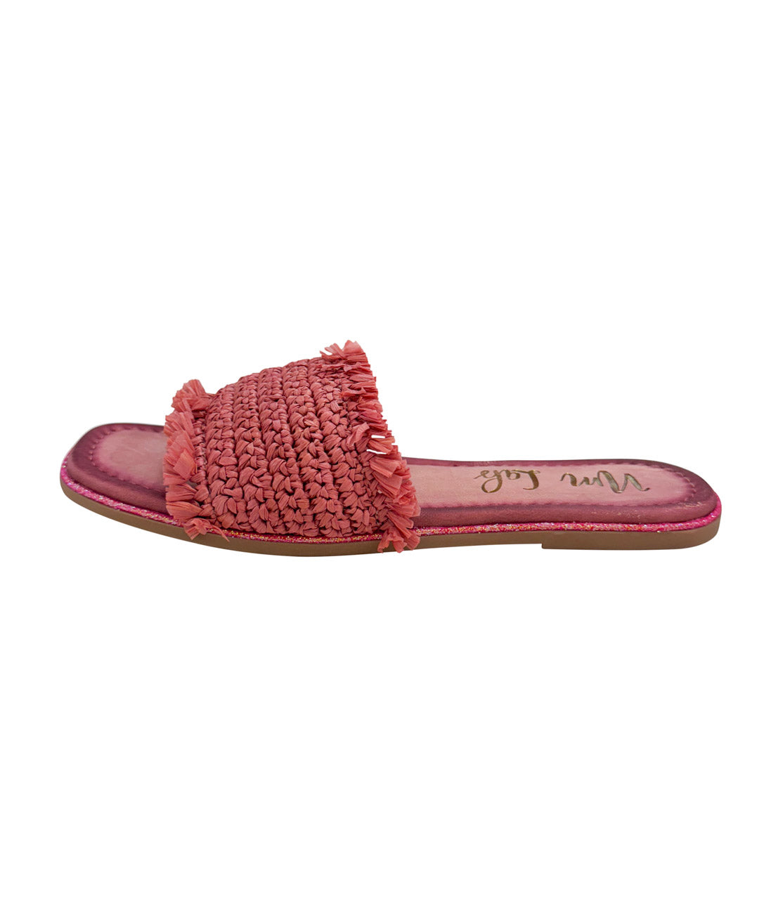 Side view of Juana Pink Woven Sandals highlighting woven upper and glitter border footbed.