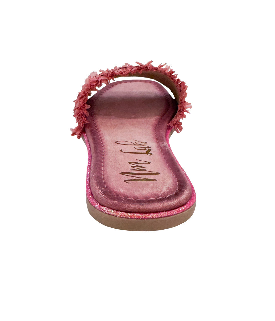 Juana Pink Woven Sandals back view showing flat sole and woven strap design.