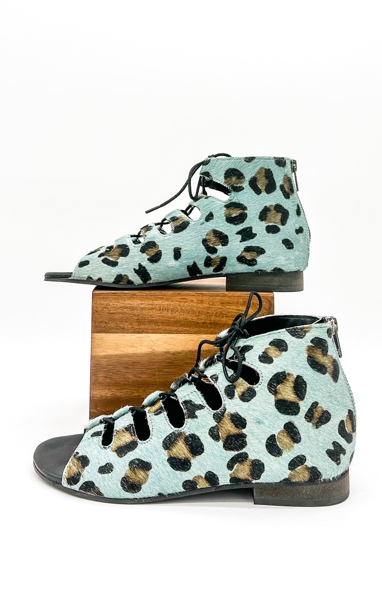 View of Nola Teal Leopard Sandals showing genuine hide with leopard print.