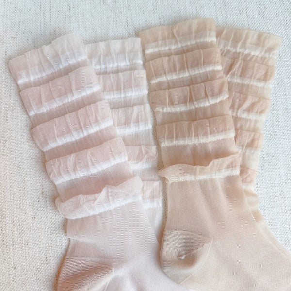 Flat lay of Tulle Lace Cascade Socks Set in pink and beige, showcasing layered lace detail.