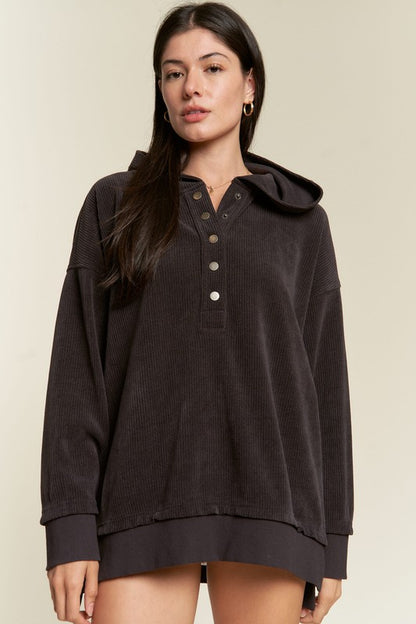 Charcoal Kenzie Plus Size Hooded Sweatshirt styled casually with front button details.