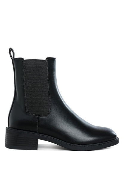 Side front view of Tripoli Stacked Heel Chelsea Boots with closed round toe and elastic gusset detail.