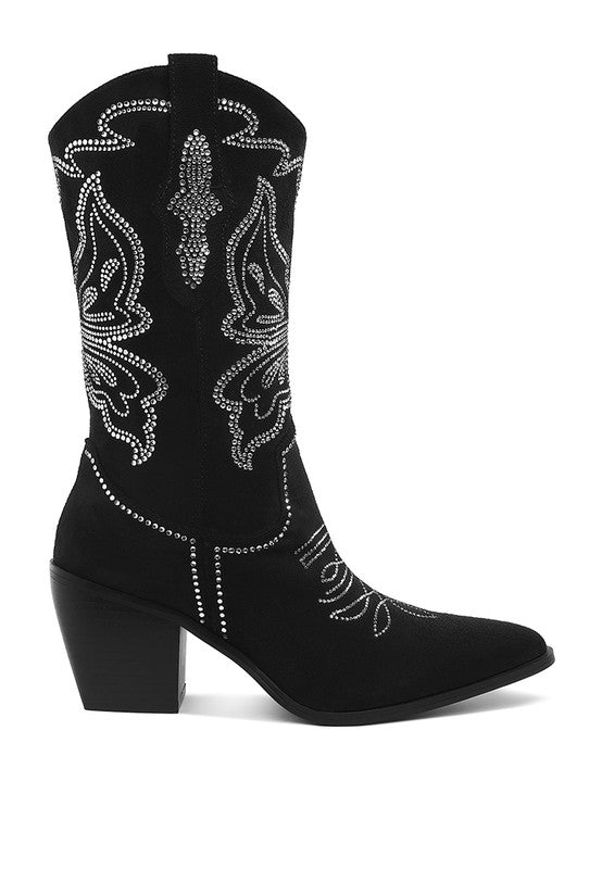 Side view of black rhinestone cowboy boots with block heel