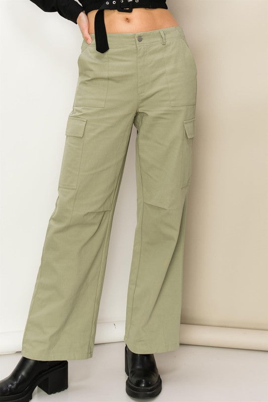 Sage high-waisted cargo pants with a straight-leg fit, functional side pockets, and zip fly.