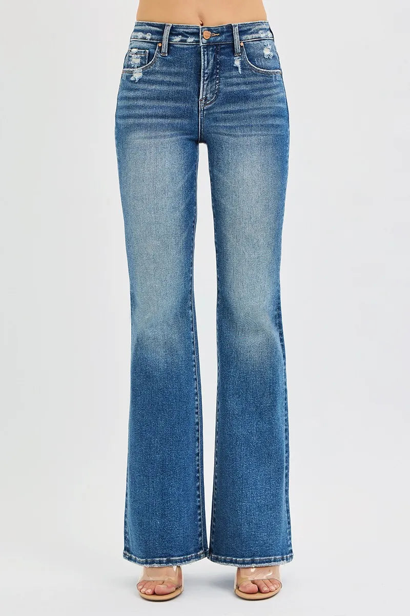 Front view of Jordy Tummy Control High Rise Flare Jeans showing sleek high waist design.