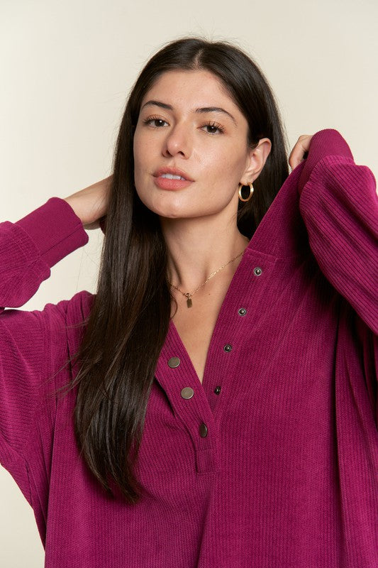 Close-up of button-down front and ribbed detail on magenta Kenzie Plus Size Hooded Sweatshirt.