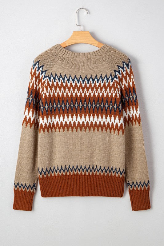 Eva Aztec Crew Neck Sweater hanging back view showing full pattern.
