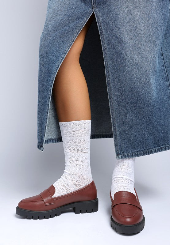 Peridot Chunky Loafers in burgundy side view showing chunky platform block heel.