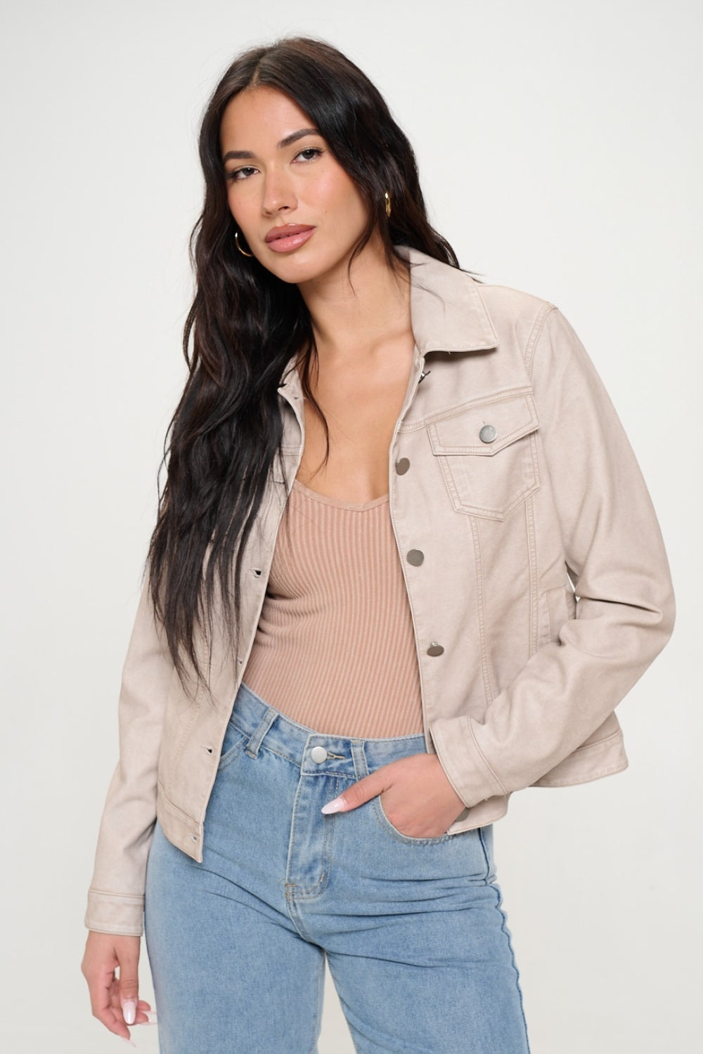 Gwendolyn Button Down Cargo Vegan Leather Shacket In Cream