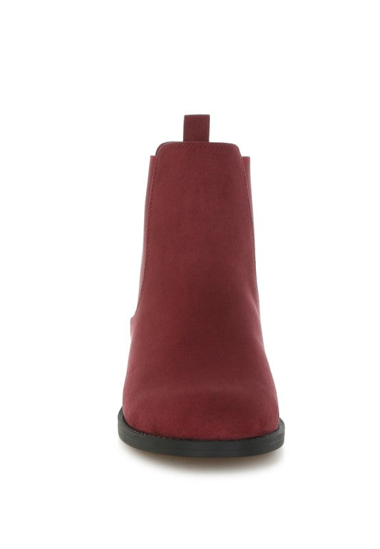 Front view of Ayasa Low Block Heel Chelsea Boots in Burgundy faux suede and round toe design