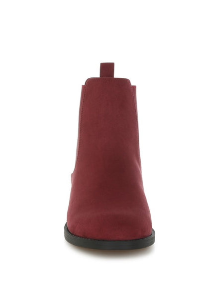 Front view of Ayasa Low Block Heel Chelsea Boots in Burgundy faux suede and round toe design