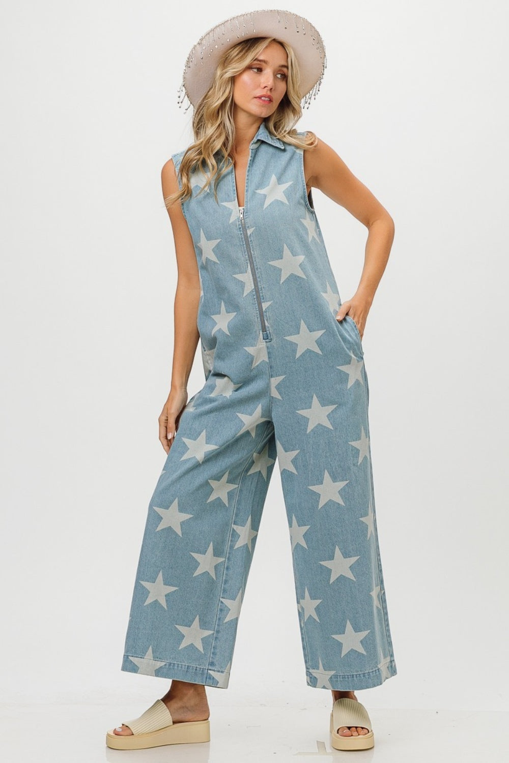 A New Hope Star Print Half Zip Sleeveless Denim Jumpsuit