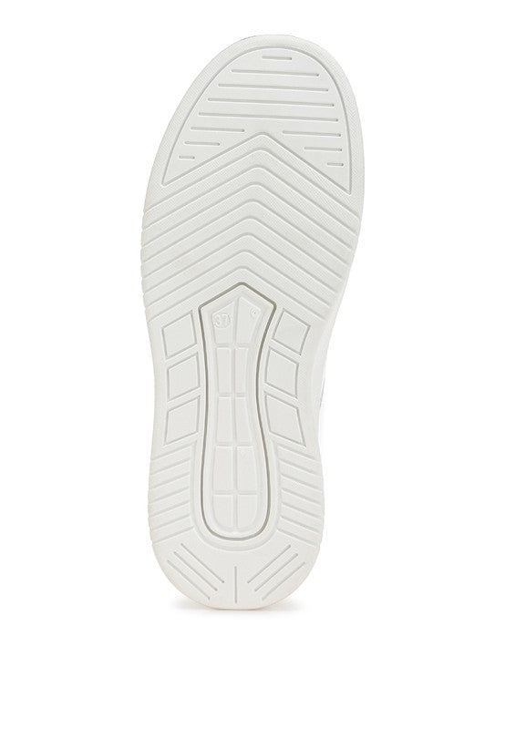 Bottom sole view of white Scouts Platform Sneakers with textured TPR outsole