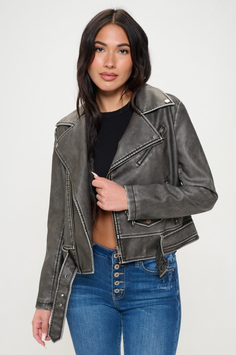 Stormy Zip Up Biker Jacket with Belt In Black