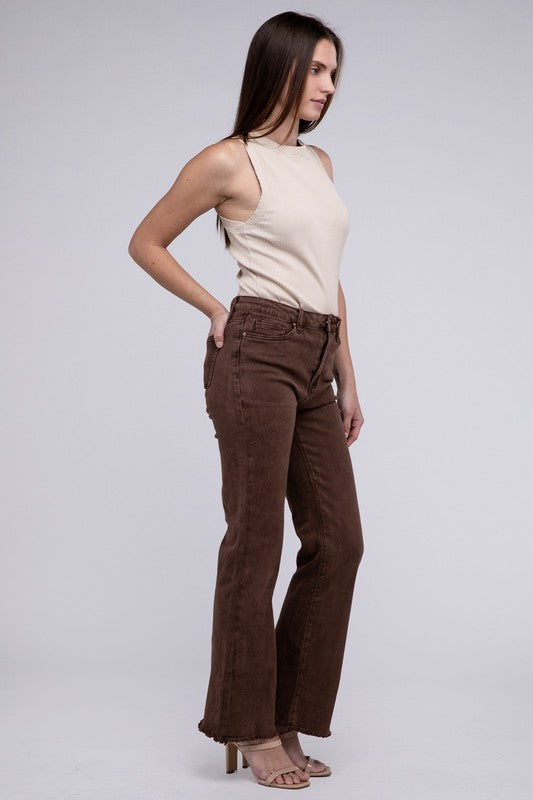 Mahogany acid-washed straight wide-leg pants featuring a frayed cutoff hem, zip fly closure, and a relaxed fit. Made with stretchy fabric for comfort and a unique vintage-inspired look.