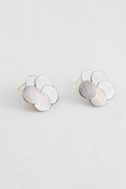 Round and Round Earrings in Gunmetal overlapping brushed discs.