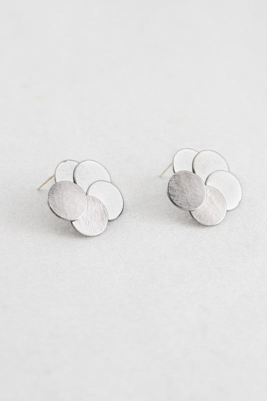 Round and Round Earrings in Gunmetal overlapping brushed discs.