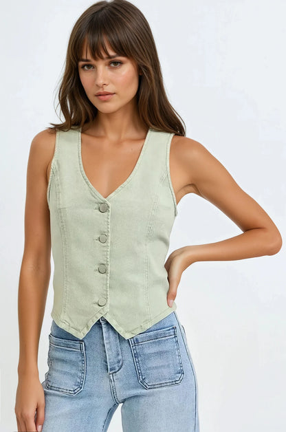 Straight-on front view of Kaylee V-Neck Pistachio Vest styled with casual bottoms.