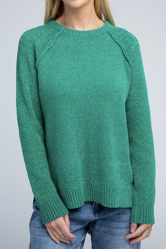 Kelly green round neck chenille sweater with long raglan sleeves, relaxed fit, and hip-length cut.