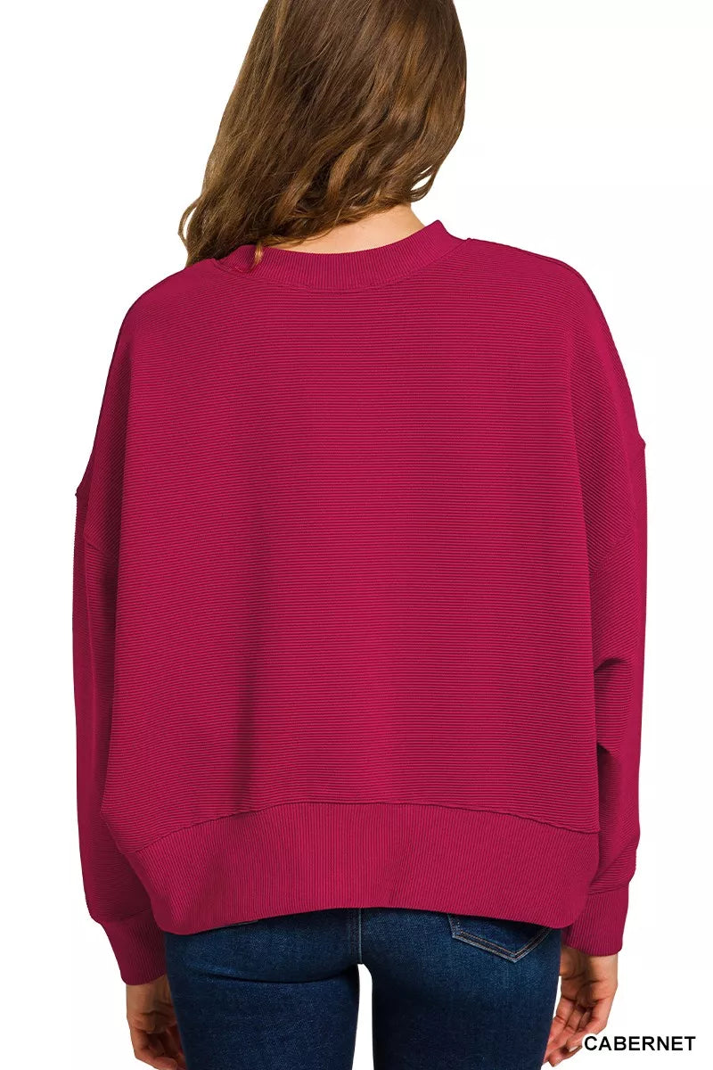 Back view Jenny Cabernet ribbed lounge set, relaxed fit pullover and comfy drawstring pants.