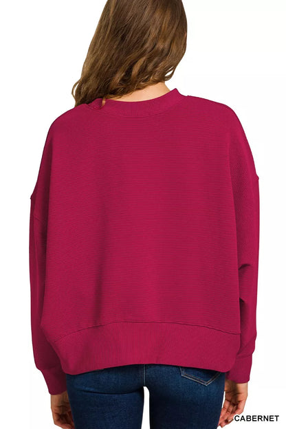 Back view Jenny Cabernet ribbed lounge set, relaxed fit pullover and comfy drawstring pants.