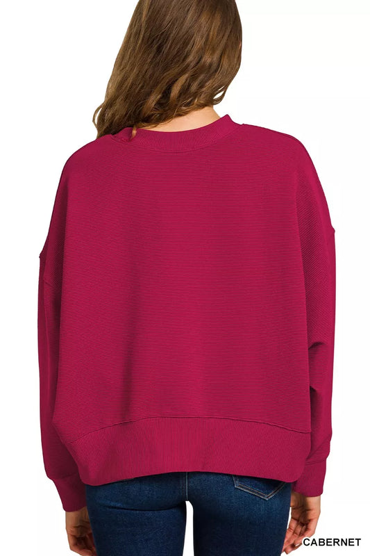 Back view Jenny Cabernet ribbed lounge set, relaxed fit pullover and comfy drawstring pants.