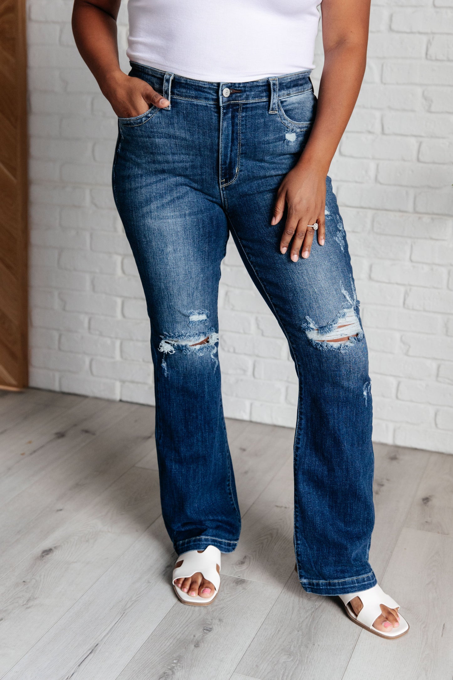 Mila Mid Rise Distressed Bootcut Jeans By Judy Blue