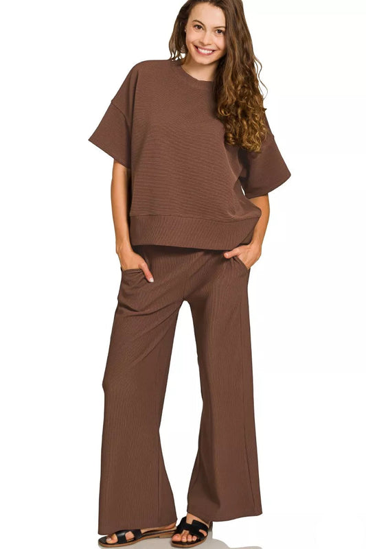 Tori Ribbed Tee & Pants Set Brown – front view, comfy two-piece lounge set with pockets.