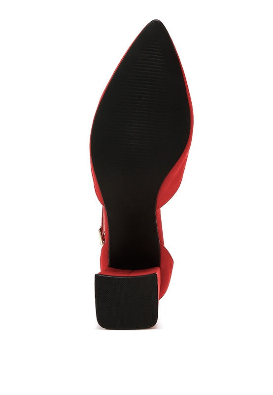 Red Rozita Block Heels with textured TPR sole for grip and block heel design