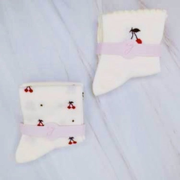 Folded Cherries All Over Sock Set showing both red-trim and white pairs.