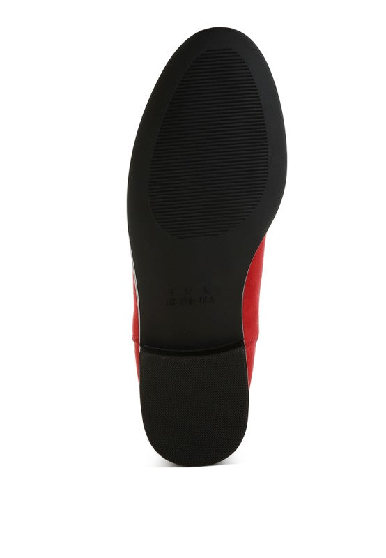 Bottom sole view of Ayasa Low Block Heel Chelsea Boots in Red with non-slip rubber outsole