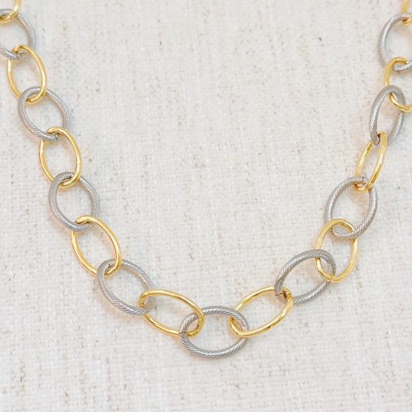 Flat lay close-up of Cabled Texture Two Tone Chain Necklace chain detail