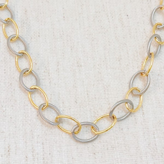 Flat lay close-up of Cabled Texture Two Tone Chain Necklace chain detail