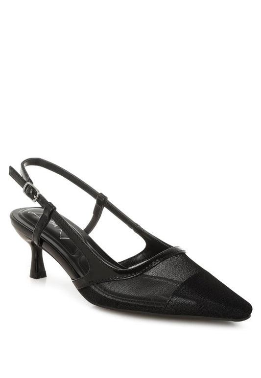Front angle of Florina Mesh Slingback Heels in black with snip toe and flared kitten heel