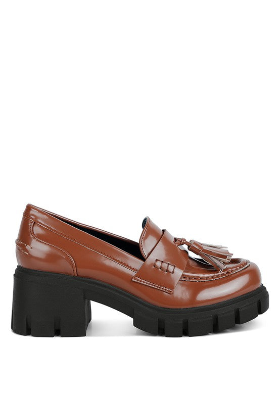 Side view of Jonah Platform Loafers in tan with chunky lug sole