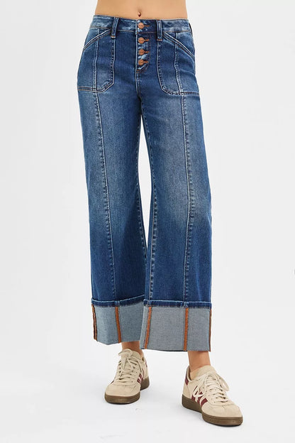 Aubrey High Rise Cuffed Jeans front view showing button fly