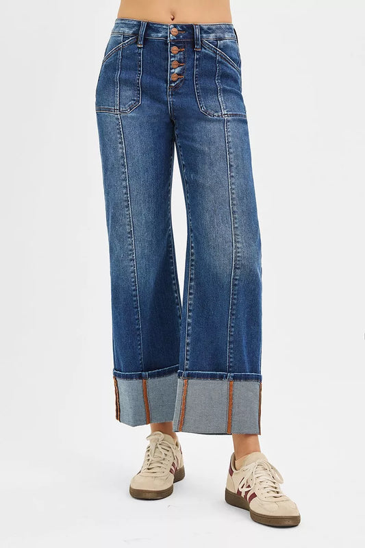 Aubrey High Rise Cuffed Jeans front view showing button fly