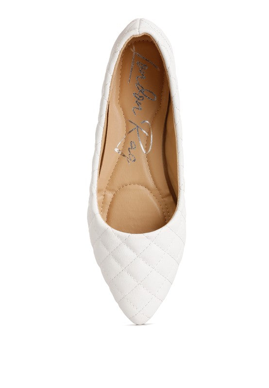 Top view of white quilted ballet flats showing insole.