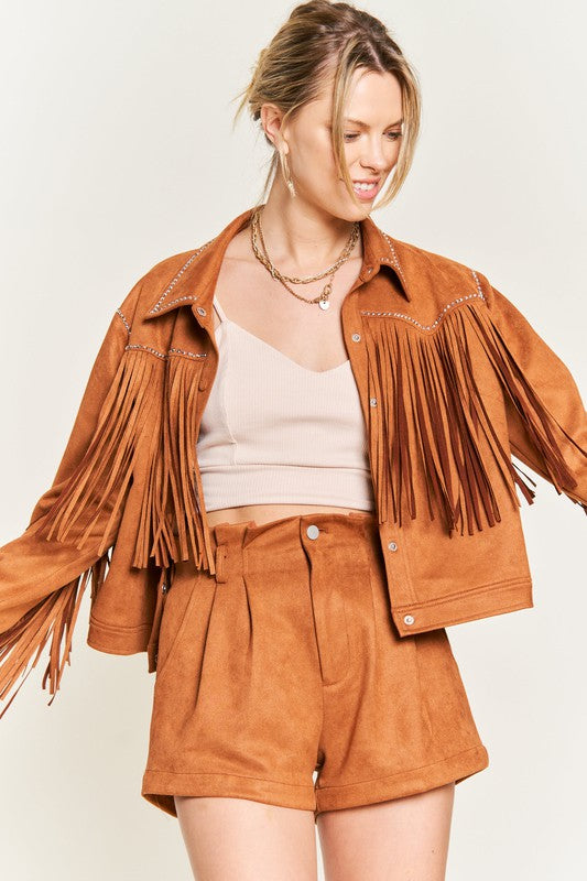 Oakley Suede Fringe Jacket styled open with relaxed fit and button front closure.