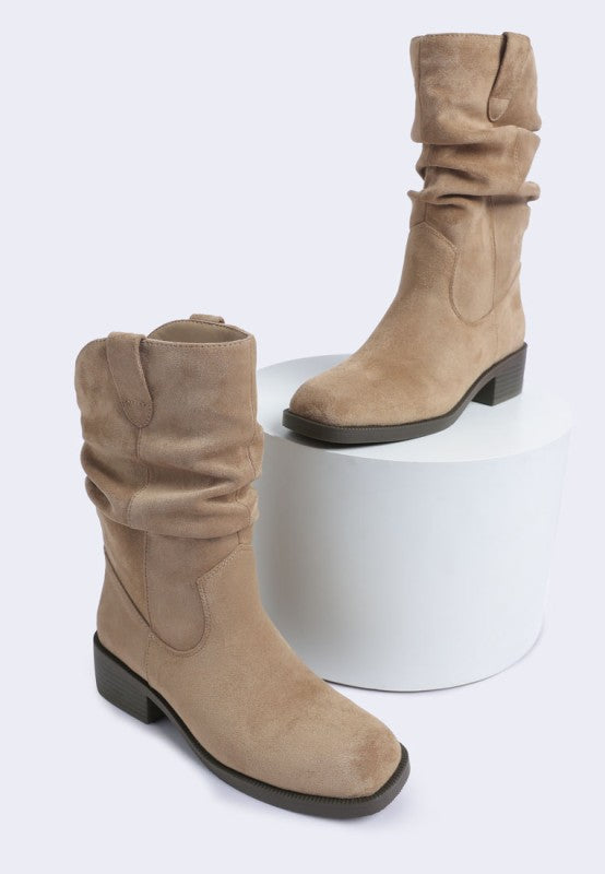 Taupe Ottawa Slouchy Cowboy Boots with slouch detail and block heel displayed on white surface.