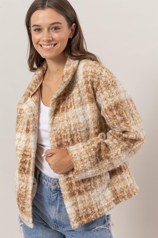 Lula Plaid Collared Neck Boucle Jacket with Pockets