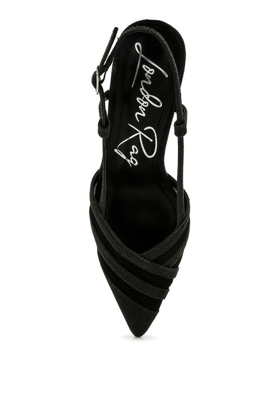 Top view of Black Daldra Kitten Heel Slingback Sandals highlighting pointed toe design