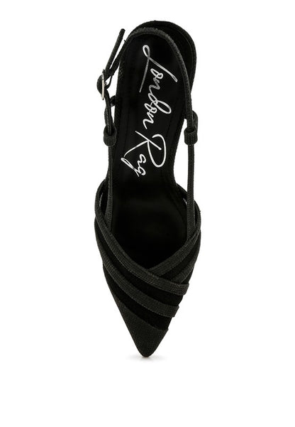 Top view of Black Daldra Kitten Heel Slingback Sandals highlighting pointed toe design