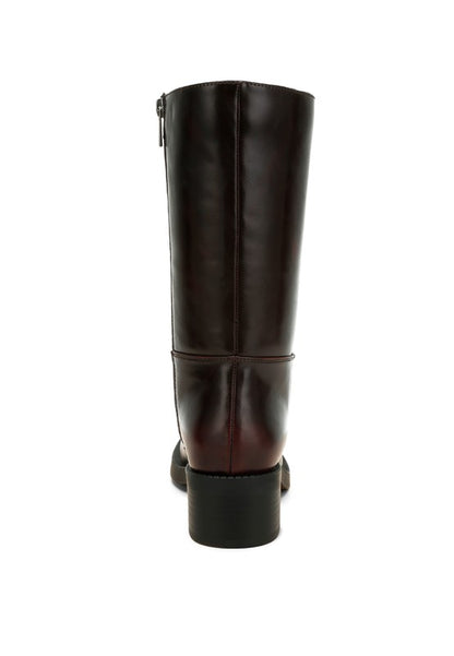 Back view of Soora Block Heel Calf Boots in brown with calf-length design