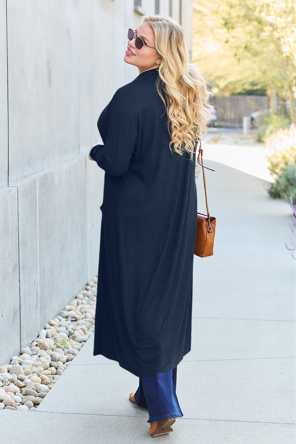 Dark Navy open-front long-sleeve cover-up with a flowy design and pockets, perfect for layering on breezy days.