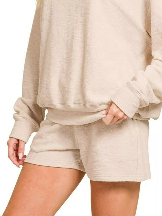 Pippa Slub sand beige round neck top and shorts set close-up of shorts fabric texture
