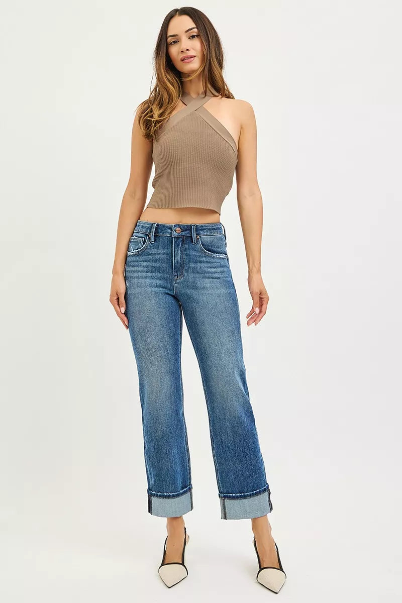 Full-body view of Cara 4 Way Stretch Slouchy Straight Jeans styled with a casual white tee.
