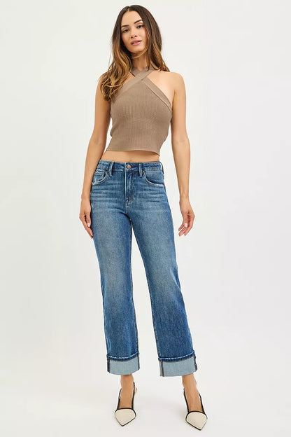 Full-body view of Cara 4 Way Stretch Slouchy Straight Jeans styled with a casual white tee.