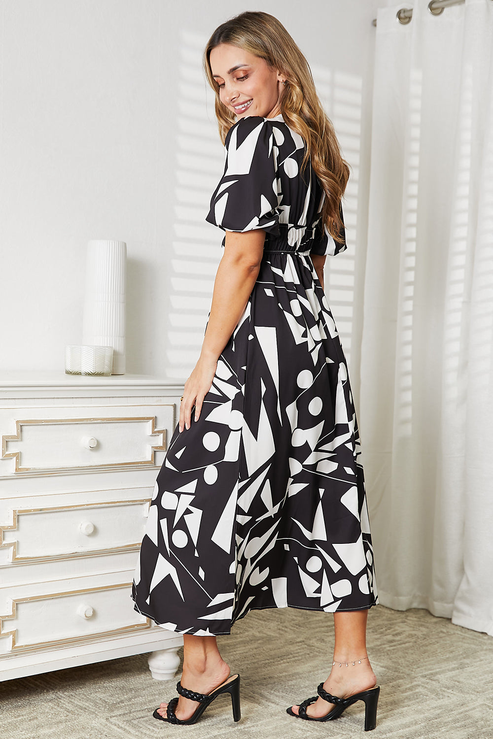 Marika Printed Surplice Balloon Sleeve Dress